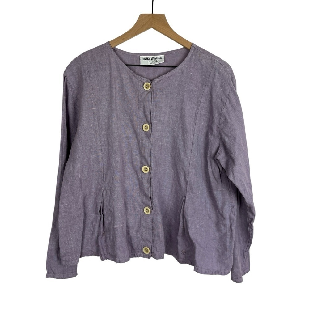 Linen Button Up Purple Embroidered Blouse‎ M Lagen ALY WEAR Made in USA Summer